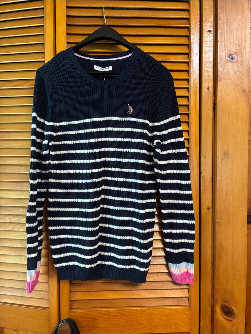 U.S. Polo Assn. Navy and White Striped Crewneck Sweater with Pink Cuff Trim